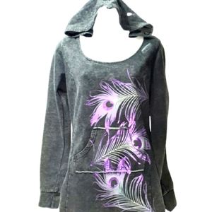 Black Hoodie With Purple And Grey Feather Graphic